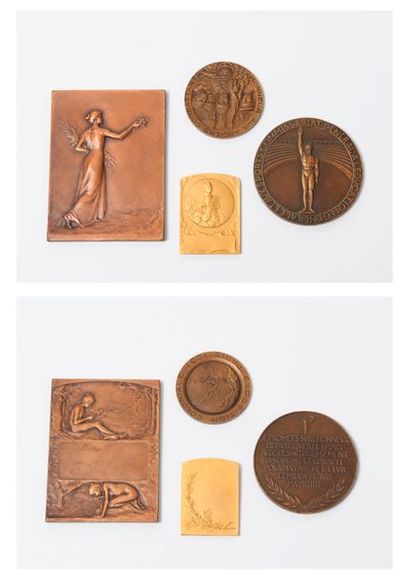 null Deux médailles et deux plaques en bronze patiné ou doré :

- Exposition Coloniale...