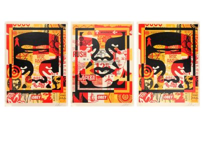 SHEPARD FAIREY (1970) 

Tryptique, 3 faces, 2018. 

Trois sériegraphies en couleurs....
