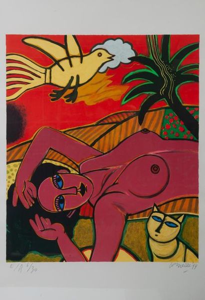CORNEILLE (1922-2010)  Nu au ciel rouge, 1994. 
Lithographie en couleurs. 
Epreuve...