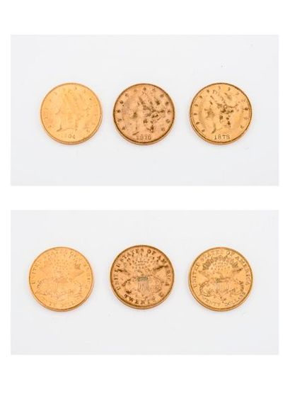null ETATS-UNIS D'AMERIQUE 

3 pièces de 20 dollars or. 

1876, 1878, 1904. 

PT....