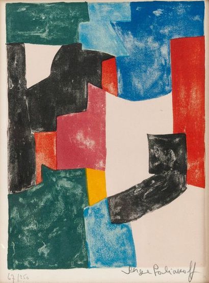 Serge POLIAKOFF (1900-1969) 
Composition en noir, bleu et rouge, 1962.
Lithographie...