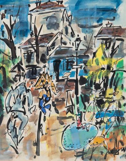 GEN PAUL (1895-1975) 
Terrasse de café à Montmartre.
Encre et gouache sur papier.
Signé...