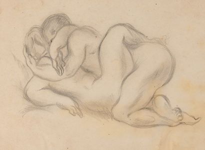 André MASSON (1896-1987) 
Couple amoureux enlacé.
Crayon sur papier contrecollé sur...