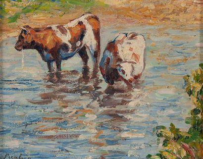 Francis PICABIA (1879-1953) 
Deux vaches s'abreuvant, circa 1906.
Huile sur toile.
Signée...