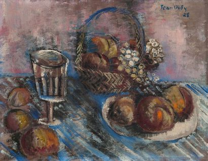 Jean DUFY (1888-1964) 
Nature morte au panier et aux fruits, 1928.
Huile sur toile.
Signée...