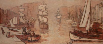 RENE SEYSSAUD (1867-1952) 
Voiliers dans un port avec marins à quai.
Huile sur toile.
Signée...