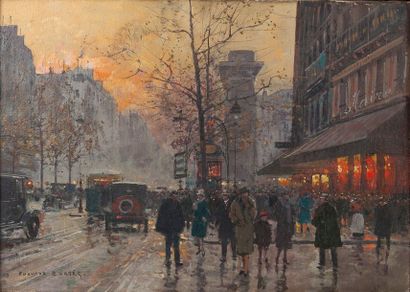 Edouard CORTES (1882-1969) 
La Porte Saint Denis au crépuscule.
Huile sur toile.
Signée...