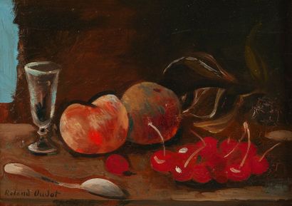 Roland OUDOT (1897-1981) 
Nature morte au verre et aux fruits.
Huile sur toile.
Signée...