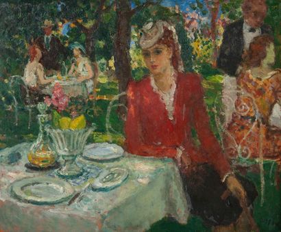 Marcel COSSON (1878-1956) 
Jeune femme attablée à la terrasse d'un restaurant.
Huile...