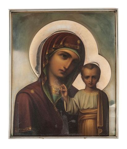 RUSSIE Icon of the Mother of God of Kazan.
Chromolithography on metal enhanced with...