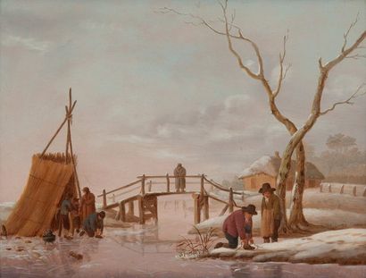 Ecole HOLLANDAISE du XVIIIème siècle Paysage d'hiver avec patineurs.
Huile sur panneau....