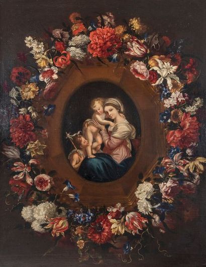 Attribué à Andréa SCACCIATI (Florence 1644-1710) Guirlande de fleurs, pivoines, soucis,...