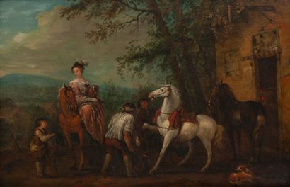 Attribué à Carel van FALENS (Anvers 1683-1733) La halte chez le Maréchal-Ferrant.
Huile...