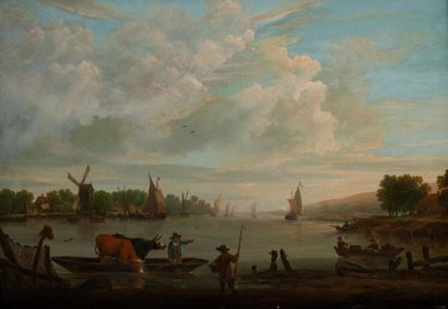 Ecole HOLLANDAISE du XVIIIème siècle River landscape with transport of animals in...