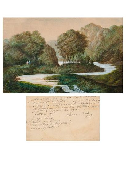 George SAND (1804-1876) Paysage au ruisseau animé de deux fillettes et d'un chien.
Aquarelle...