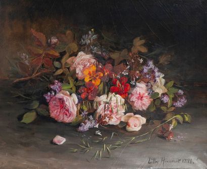 Lillie HONNORAT (XIX-XXème siècle) Jeté de roses, lilas et giroflées.
Huile sur toile.
Signée...