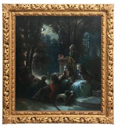 François Claudius COMPTE-CALIX (1813-1880) Le chant du rossignol.
Huile sur toile.
Signée...