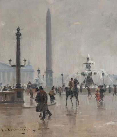 Léon-Jules LEMAÎTRE (1850-1905) Cavaliers et passants place de la Concorde, au fond...