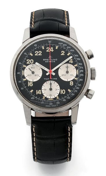 BREITLING Top Time
Men's bracelet chronograph watch.
Round steel case.
Signed black-bottomed...