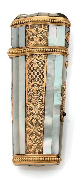 null Oblong copper case with thin white mother-of-pearl plates, pearl mouldings and...