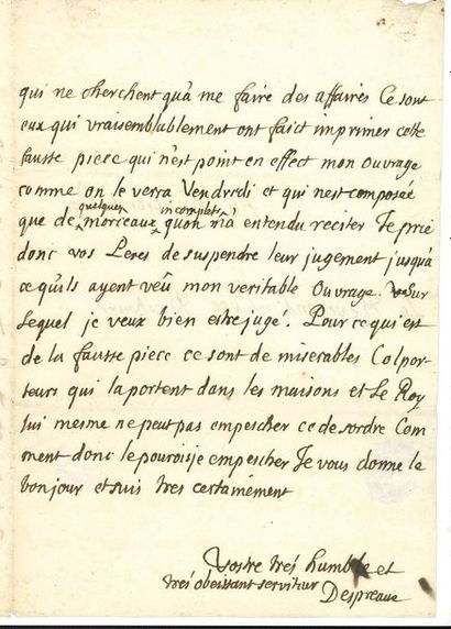 BOILEAU.DESPRÉAUX Nicolas (1636-1711) [AF 1684, 1er f]. 
L.A.S. «Despreaux», [début...