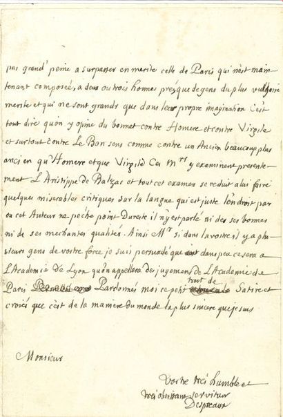 BOILEAU.DESPRÉAUX Nicolas (1636-1711) [AF 1684, 1er f]. 
L.A.S. «Despreaux», Auteuil...