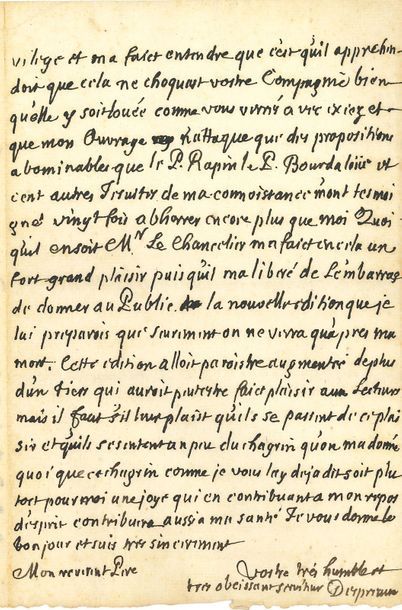 BOILEAU.DESPRÉAUX Nicolas (1636-1711) [AF 1684, 1er f]. 
L.A.S. «Despreaux», Paris...