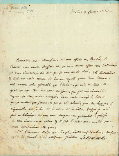 LA BEAUMELLE Laurent Angliviel de (1727-1773) littérateur. 
L.A.S. «La Beaumelle»,...