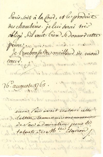 VOLTAIRE (1694-1778) [AF 1746, 33e f]. 
L.S. «V», 26 auguste 1765, à l'acteur Henri-Louis...