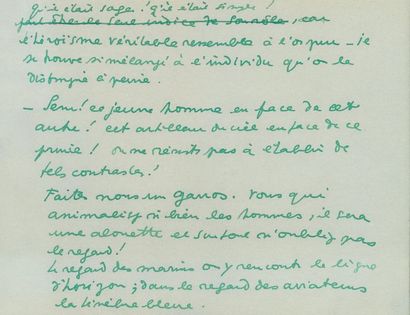 COCTEAU Jean Autograph MANUSCRIT, The Blue Darkness,[1915]; 5 oblong pages in-8 in...
