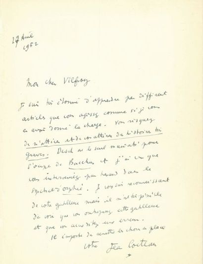 COCTEAU Jean L.A.S. «Jean Cocteau», [Milly] 27 avril 1952, à M. VILFROY à la Maison...