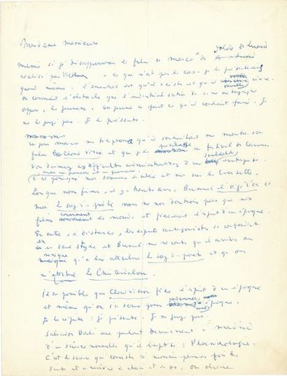 COCTEAU Jean MANUSCRIT autographe signé «Jean Cocteau», [avril 1954]; 2 pages in-4...