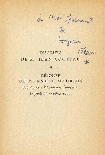 COCTEAU Jean Discours de réception de M. Jean Cocteau à l'Académie
Française et réponse...