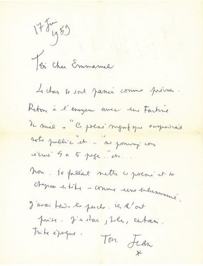 COCTEAU Jean L.A.S. «Ton Jean», 17 juin 1959, à Emmanuel BERL; 1 page et quart in-4.
Au...