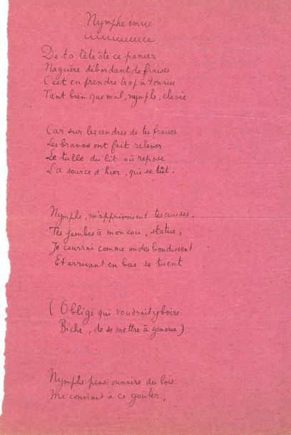 RADIGUET Raymond (1903-1923) 
Autograph poem signed "Raymond Radiguet", Nymph moved,...