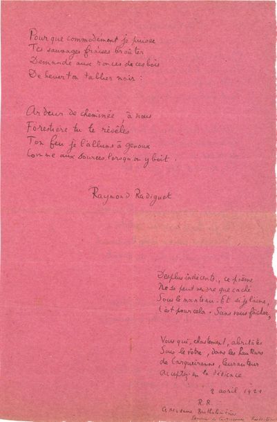 RADIGUET Raymond (1903-1923) 
Autograph poem signed "Raymond Radiguet", Nymph moved,...