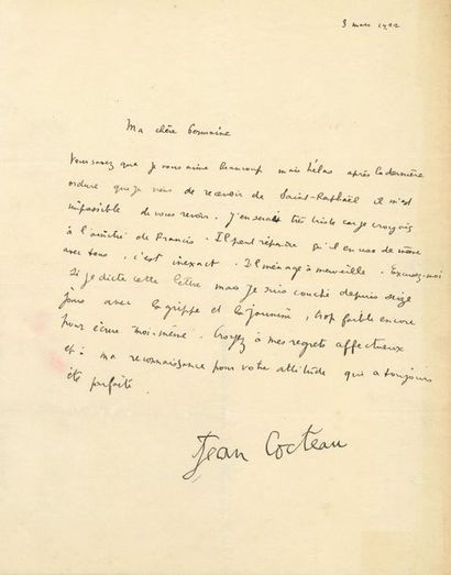 COCTEAU Jean L.S. «Jean Cocteau» dictée à Raymond RADIGUET, 3 mars 1922, à Germaine...