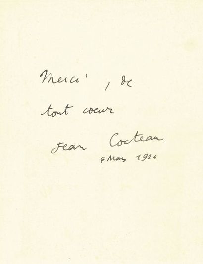 COCTEAU Jean L.A.S. «Jean Cocteau», 6 mars 1924; sur 1 page in-4.
«Merci de tout...