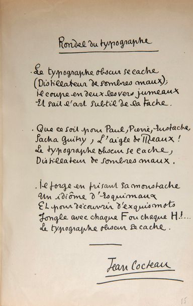COCTEAU Jean Autograph MANUSCRIT signed "Jean Cocteau", Les Chansons du Petit Prince...