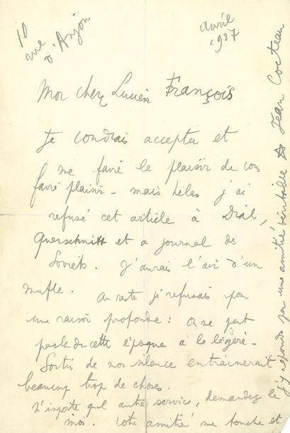 COCTEAU Jean L.A.S. "Jean Cocteau", 10, rue d'Anjou April 1927, to Lucien François;...