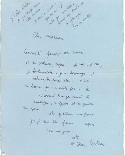 COCTEAU Jean L.A.S. "Jean Cocteau",[1927 ?]; 1 page in-4 on blue paper.
"How can...