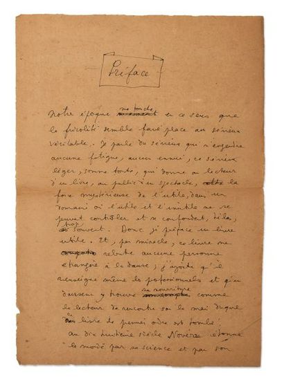 COCTEAU Jean MANUSCRIT autographe signé «Jean
Cocteau», Préface, [1937]; 5 pages...