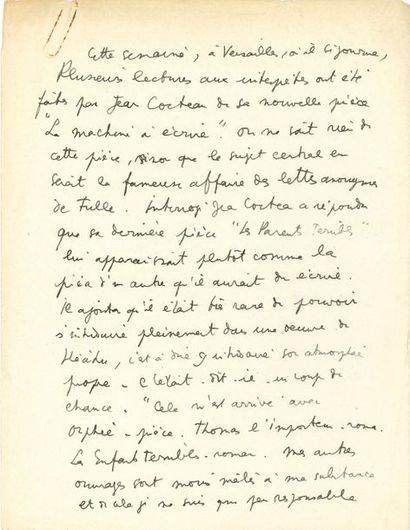 COCTEAU Jean MANUSCRIT autographe d'une interview, [Versailles maijuin 1939]; 4 pages...