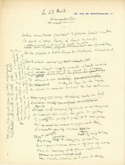 COCTEAU Jean 2 POÈMES autographes, Le 25 Août, [1944]; 1 page in-4 chaque à en-tête...