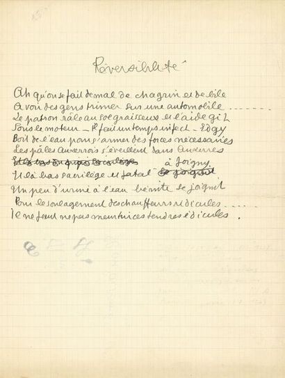 COCTEAU Jean Autograph POEM, Reversibility,[circa 1910]; on an in-4 page (slightly...