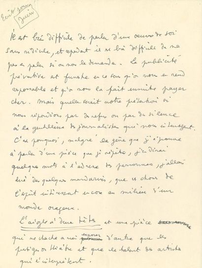 COCTEAU Jean MANUSCRIT autographe signé «Jean Cocteau», [Sur L'Aigle à deux têtes,...