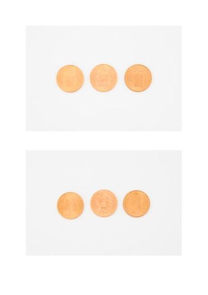null PAYS BAS 

Trois pièces de 10 florins, Wilhelmina, 1912 et 1913 (x2). 

Poids...