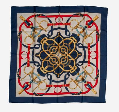 HERMES, Paris 

Square in silk twill printed with a dark blue border, titled "Éperon...