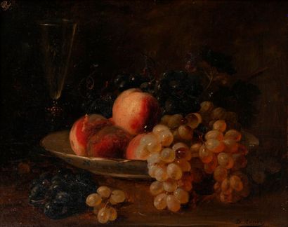 Attribuée à Dominique ROZIER (1840-1901) 

Nature morte aux raisins et pêches. 

Huile...