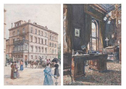 Rudolf Bernt (1844-1914) 

Deux aquarelles sur papier :

- Vue d'un bureau bourgeois....